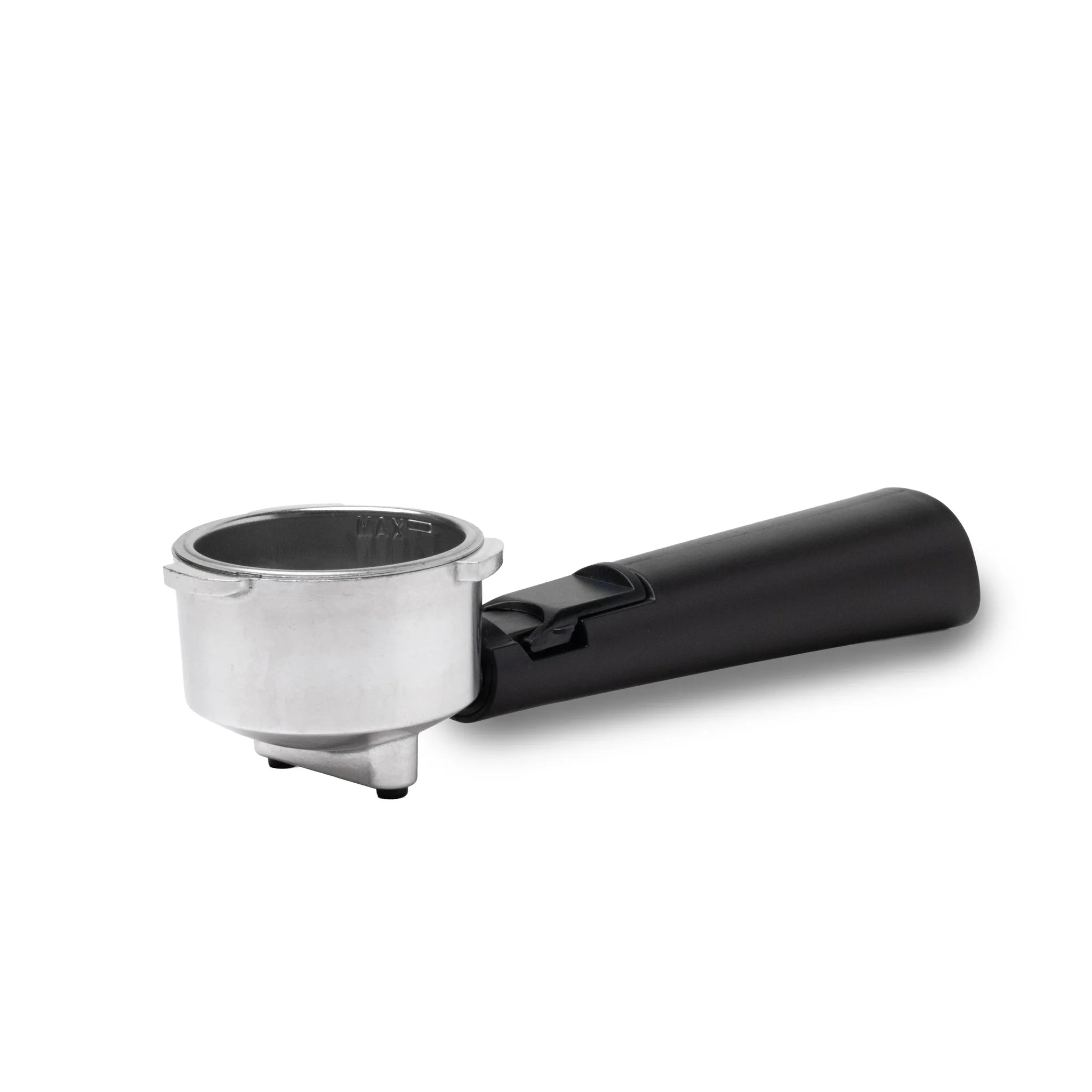 A metal portafilter with a black matte handle, shown on a plain white background.