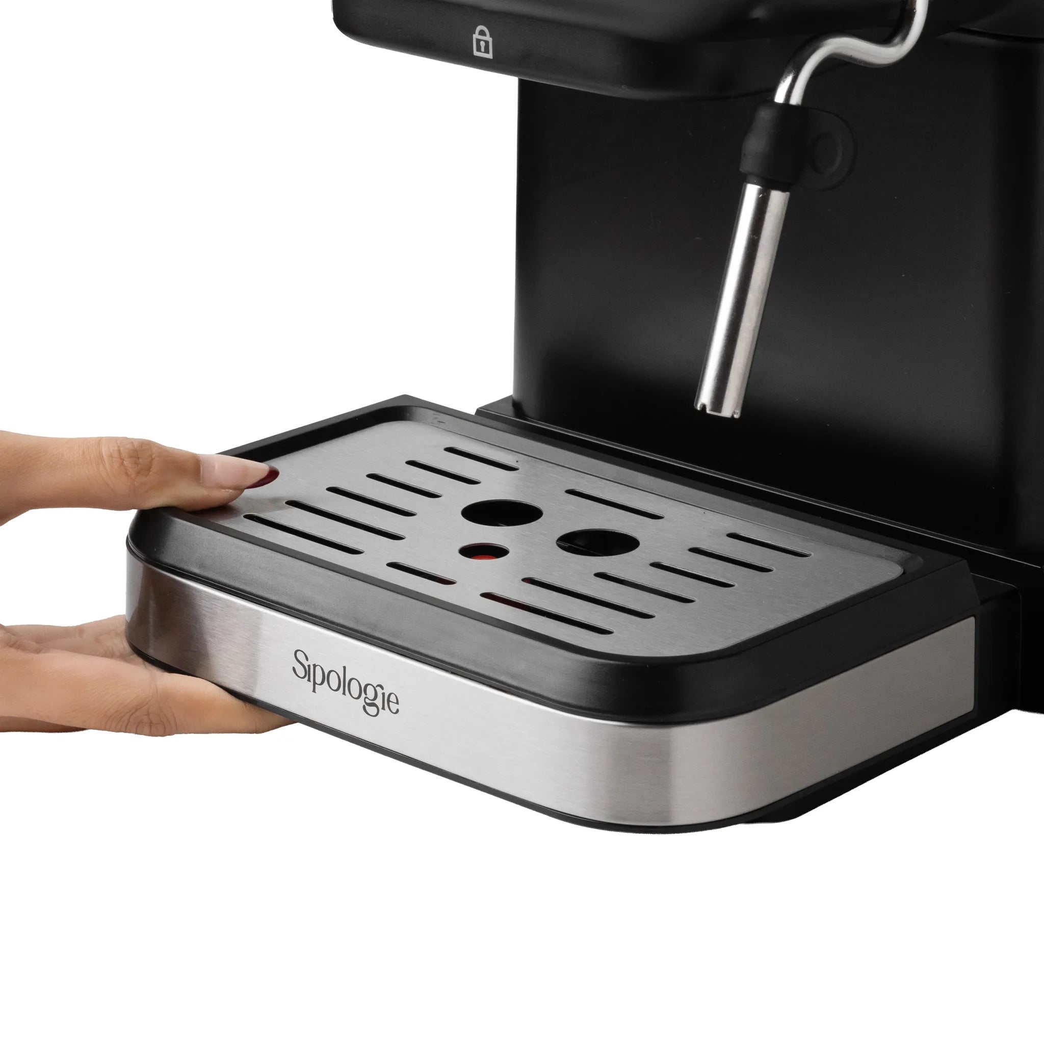 A close-up of a Sipologie coffee machine with a stainless steel drip tray being held by hands, showing the black and silver body against a white background.