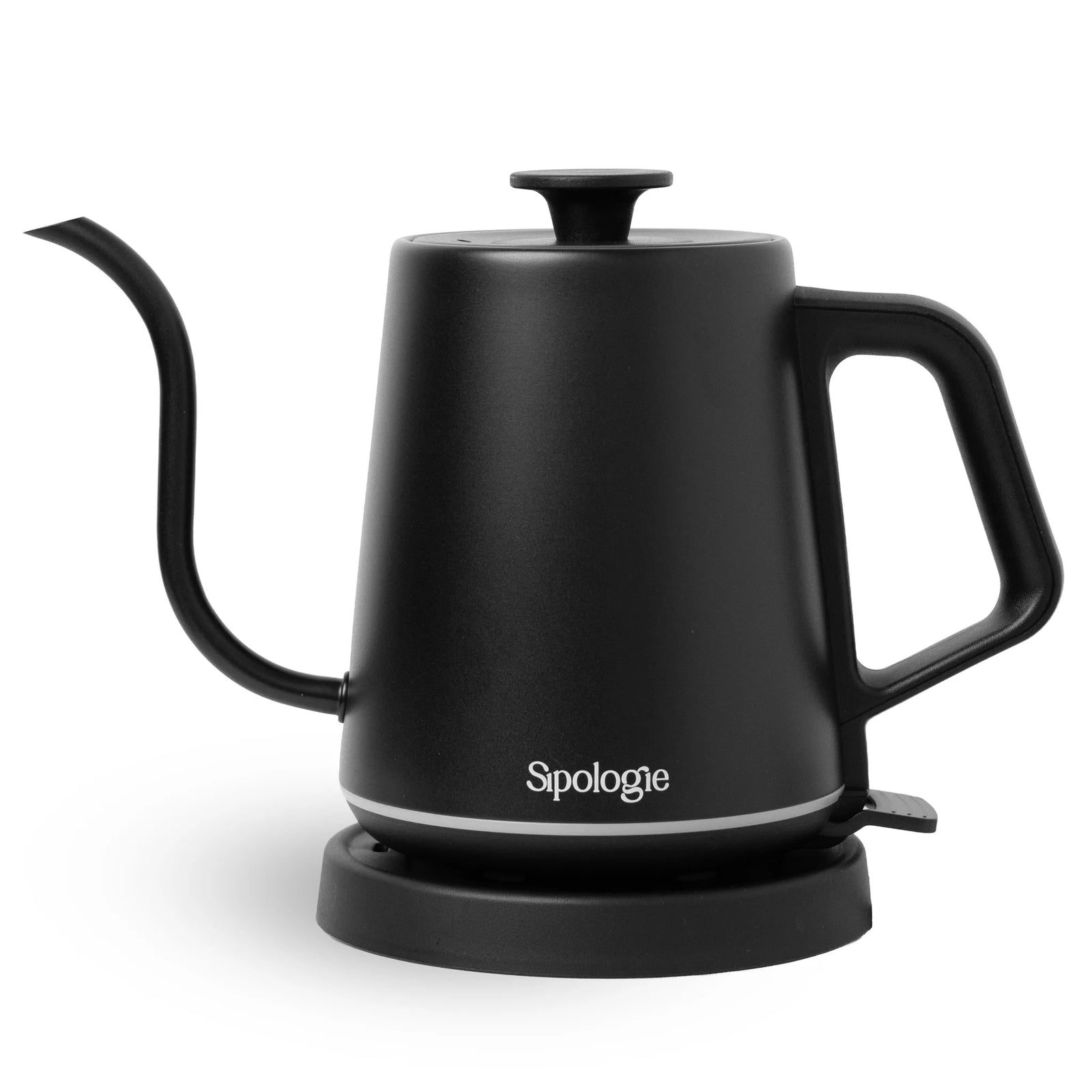 Black coffee kettle with 'Sipologie' branding on a white background