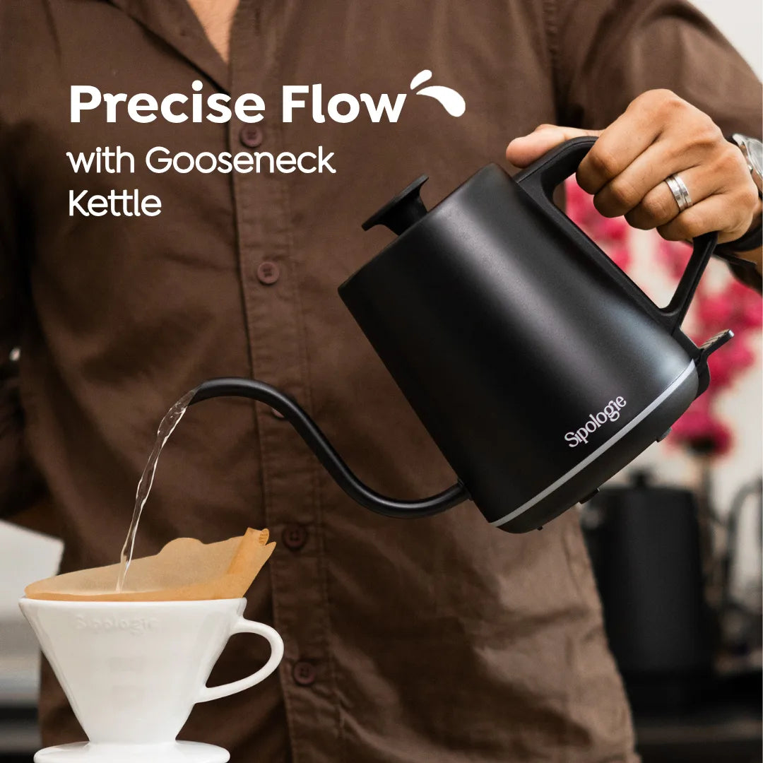 A person in a brown shirt holds a matte black gooseneck kettle pouring water into a white cone filter coffee dripper. White text on the image reads 'Precise Flow with Gooseneck Kettle' and the kettle shows the Sygloge brand logo.