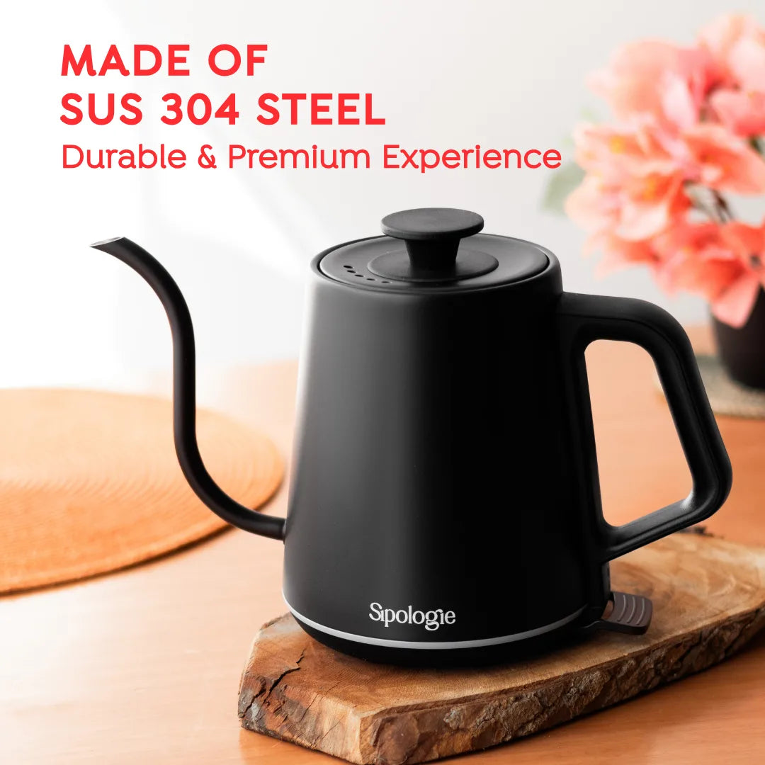 A matte black electric kettle with a long spout and handle, shown on a wooden slice with a blurred kitchen-style background and pink flowers. Red text at the top reads 'MADE OF SUS 304 STEEL Durable & Premium Experience' and the kettle brand 'Sipologie' is visible near the base.
