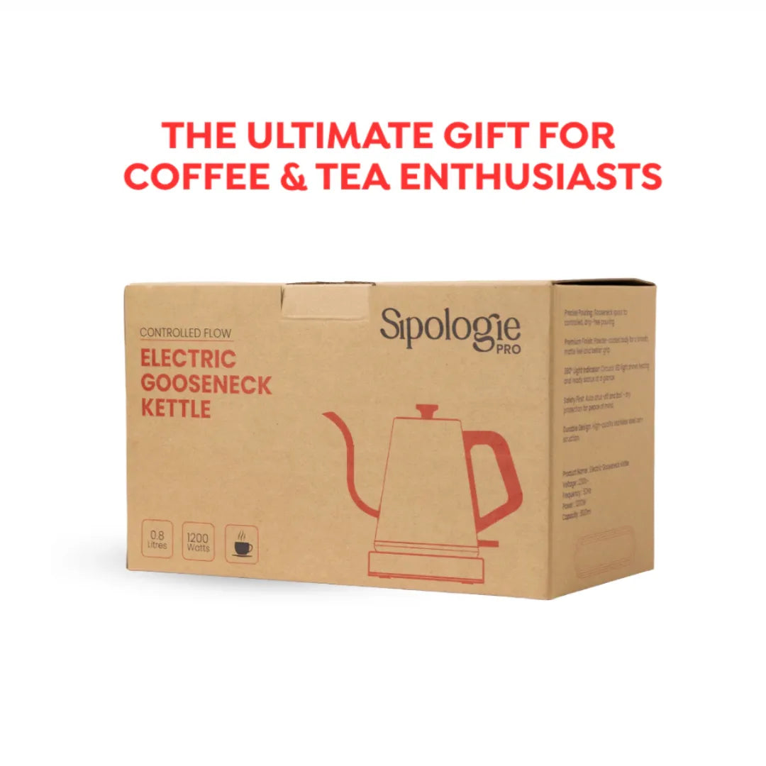 A brown cardboard box for the Sipologie Pro Electric Gooseneck Kettle, featuring red text and a red kettle illustration. Above the box, red text reads 'THE ULTIMATE GIFT FOR COFFEE & TEA ENTHUSIASTS' on a white background.