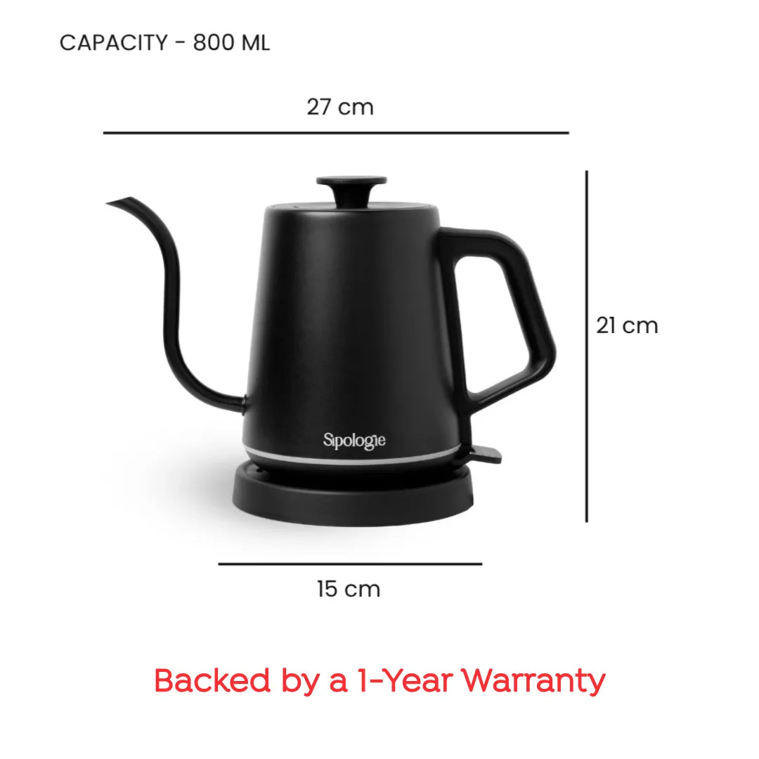 Black gooseneck electric kettle with dimension labels showing 27 cm top width, 21 cm height, and 15 cm base diameter, plus text stating capacity 800 ML and backed by a 1-Year Warranty.