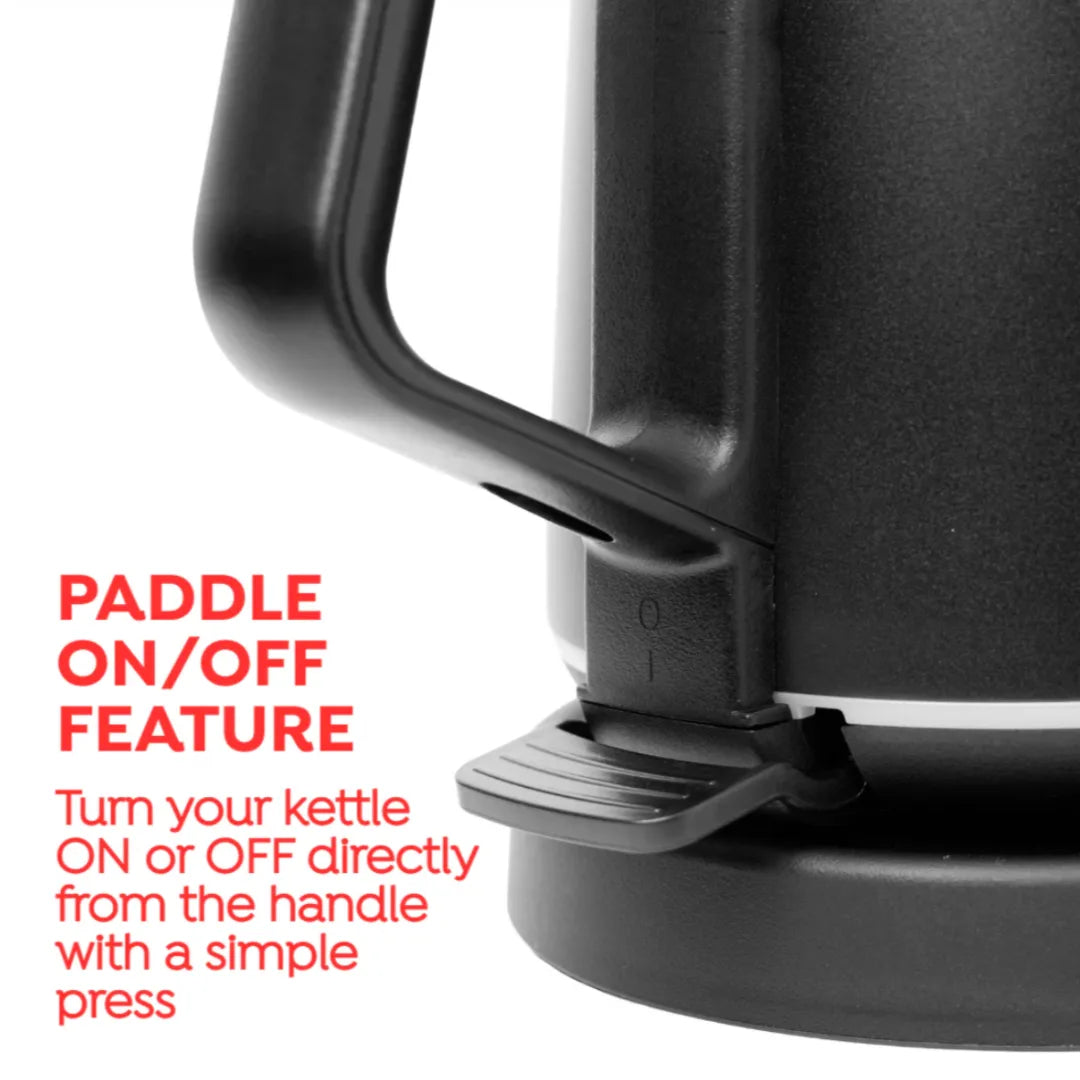 Close-up of a black electric kettle showing the paddle on/off feature, with red text explaining how to turn the kettle on or off directly from the handle.
