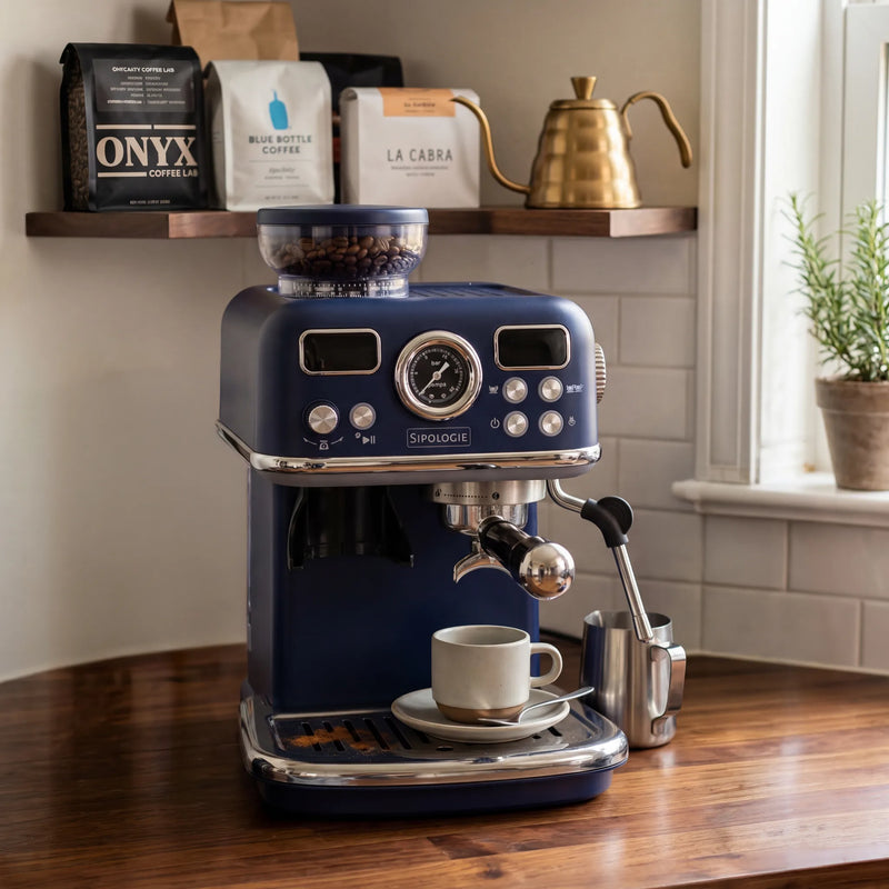Blue Sipologie espresso machine on a wooden counter with coffee beans and bags in the background.
