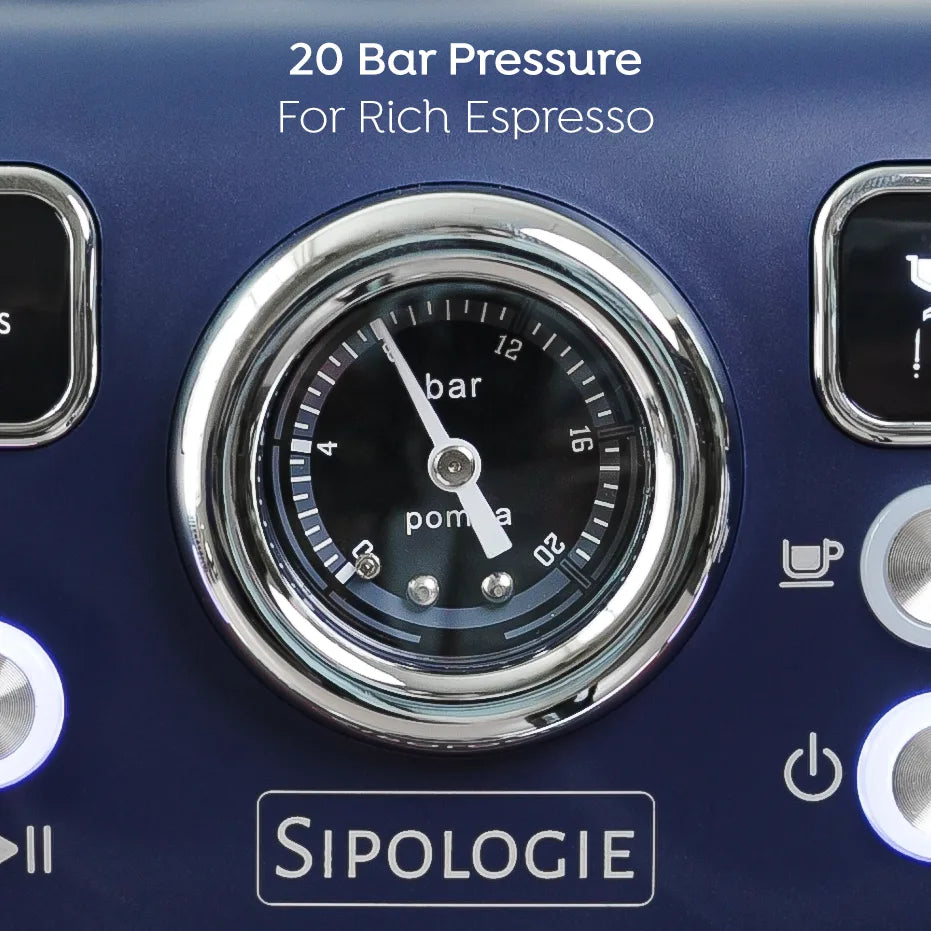 Pressure gauge on a coffee machine with 'SipoLOGIE' branding, indicating 20 bar pressure for rich espresso.