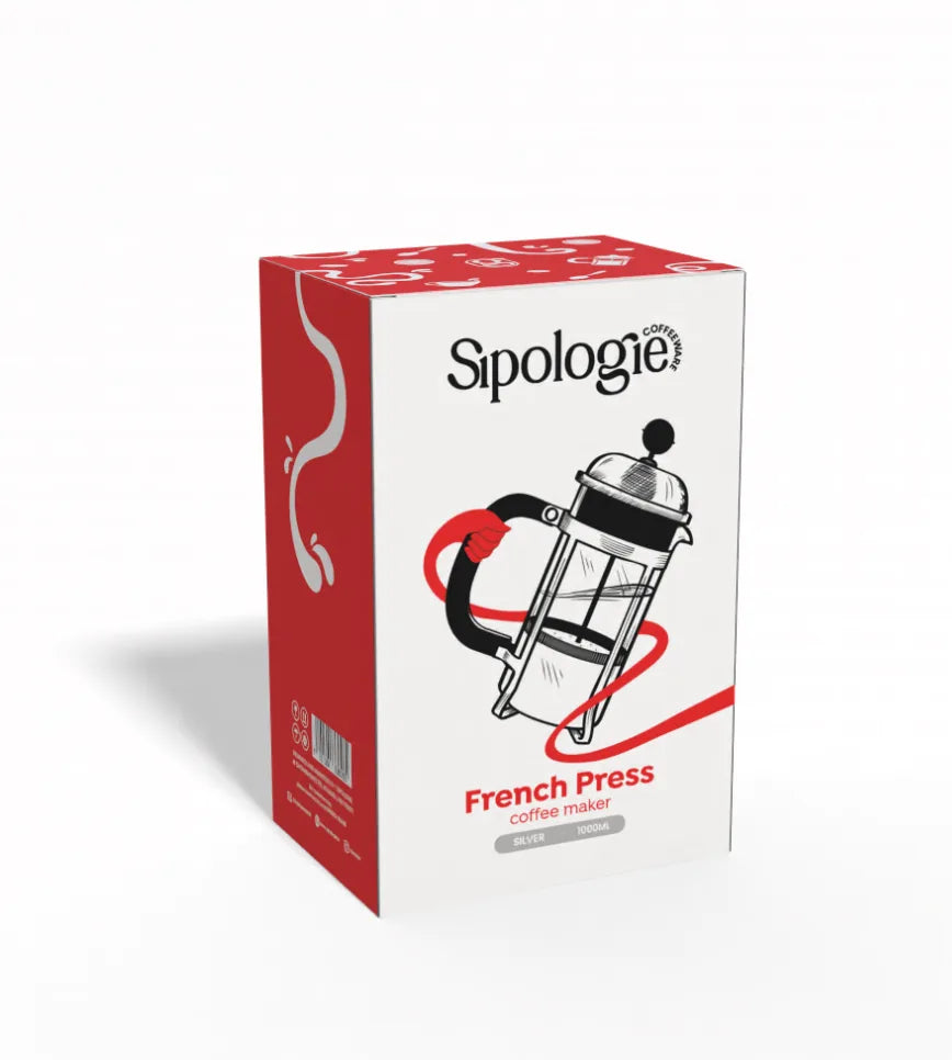 A product box for a Sipologie French Press coffee maker, featuring a red and white design with a black and red illustration of the French Press on a clean white background.