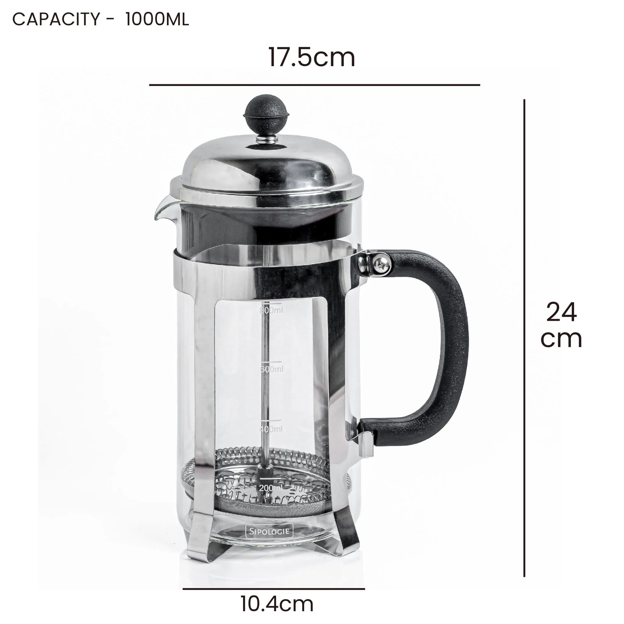 A stainless steel and glass French press with a black handle, shown with dimension lines and text indicating capacity 1000ML, height 24 cm, and width 17.5 cm.