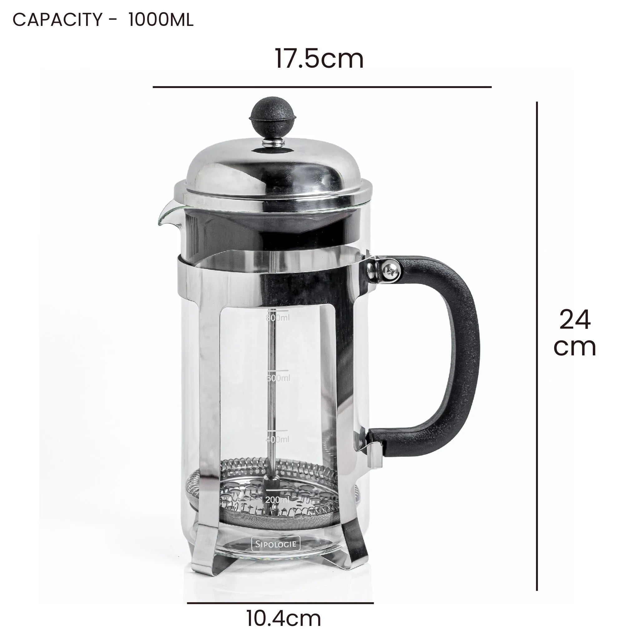 A stainless steel and glass French press with a black handle, shown with dimension lines and text indicating capacity 1000ML, height 24 cm, and width 17.5 cm.