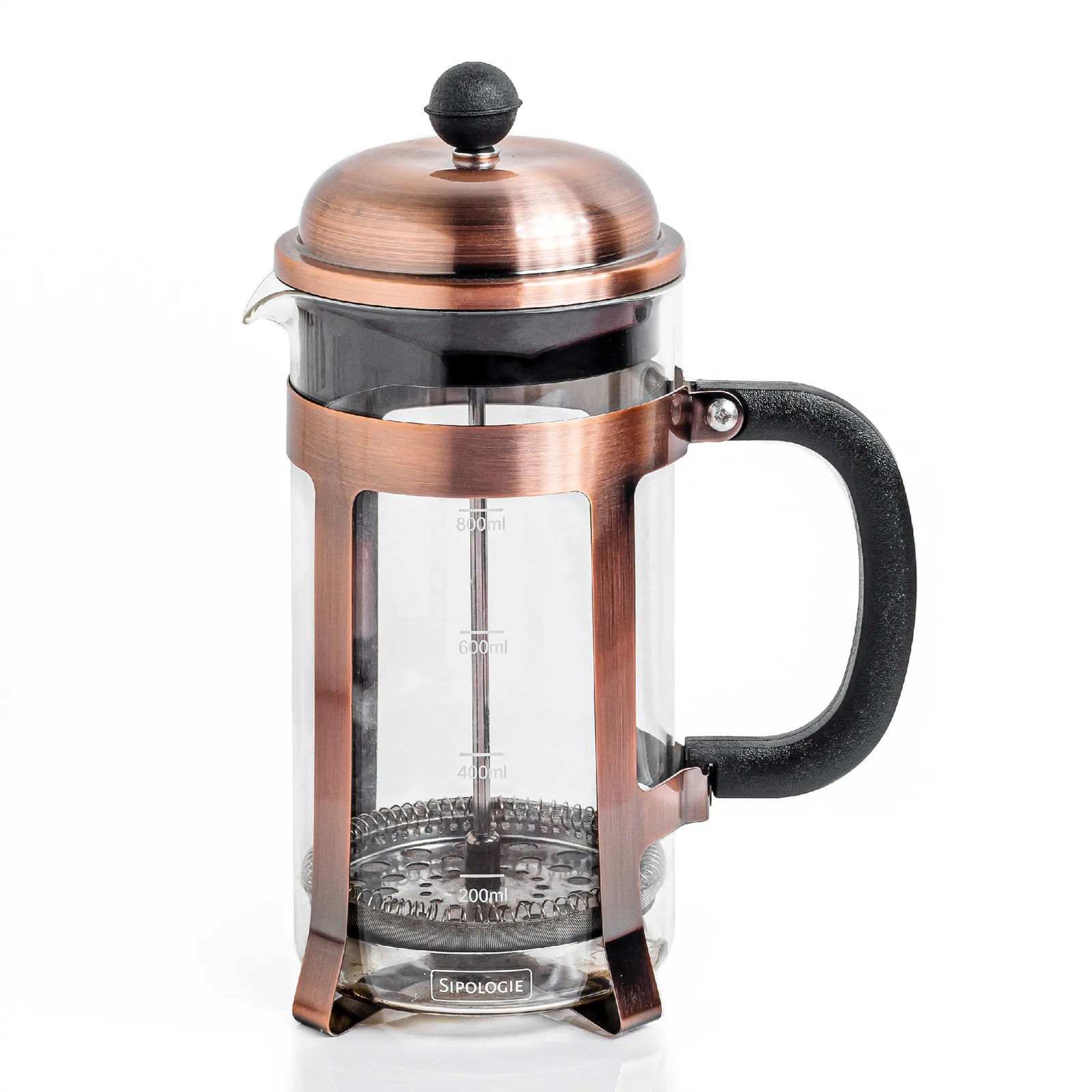 A Sipologie French press coffee maker with a copper-coloured metal body, clear glass chamber, black handle, and black plunger top, shown on a white background.