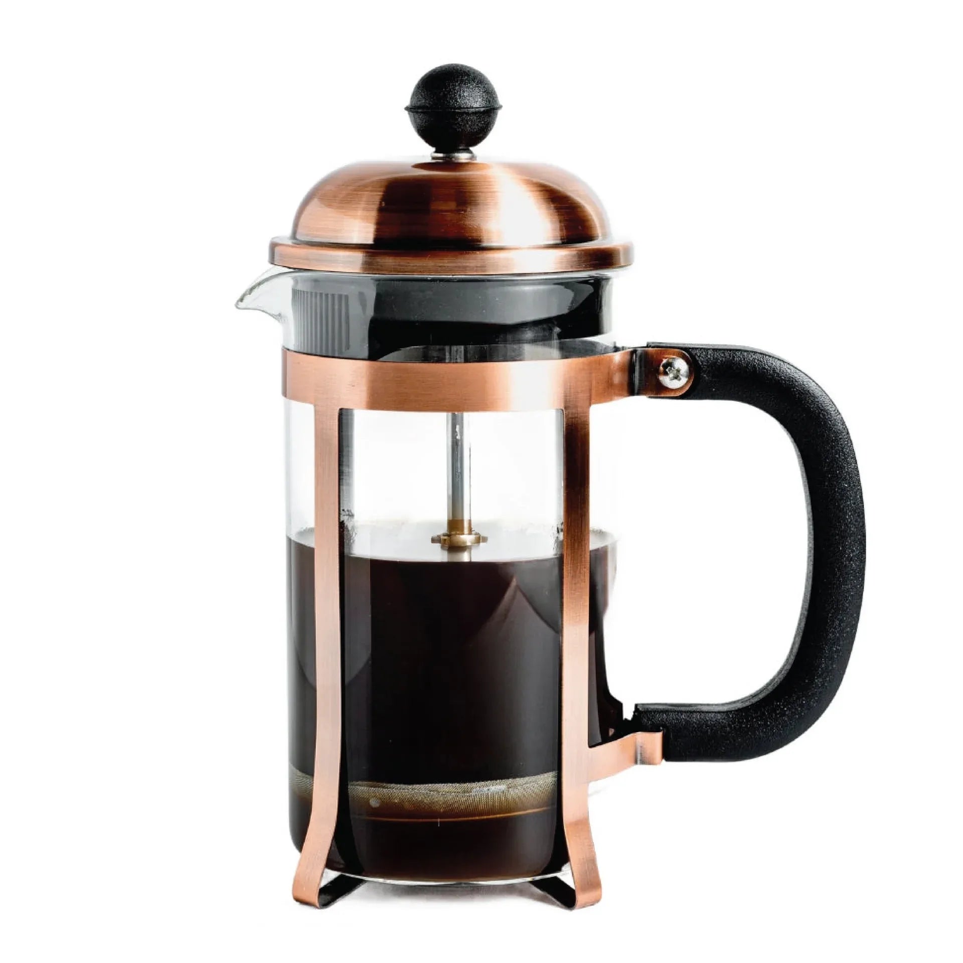 A classic French press coffee maker with a polished copper-colored metal frame and lid, a black handle, and a clear glass body containing dark coffee, shown on a solid white background.