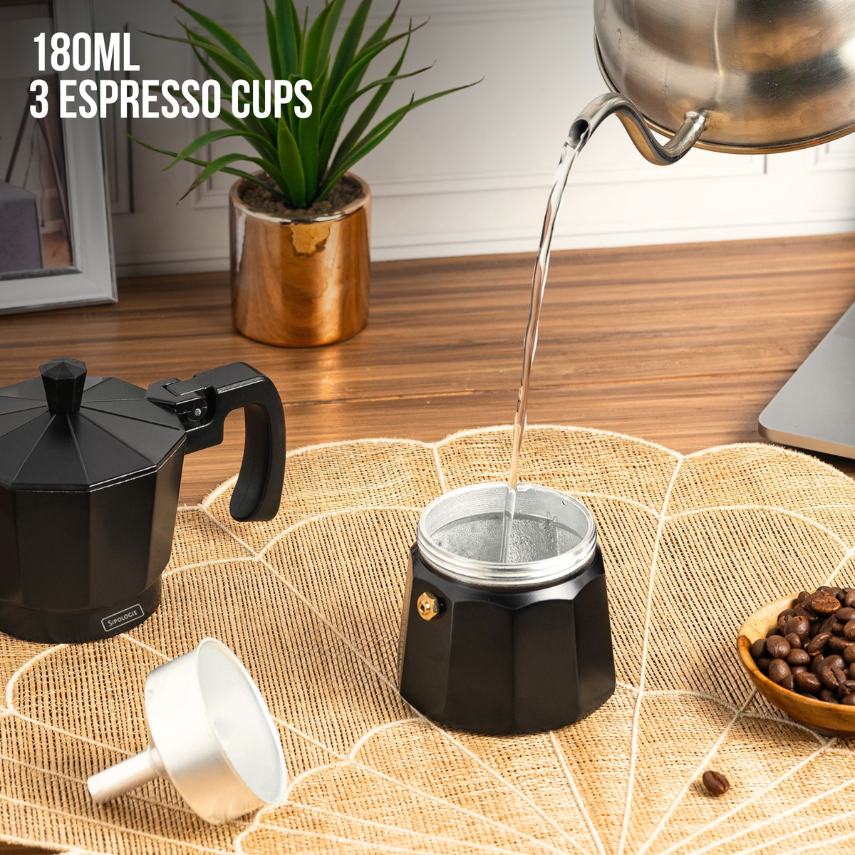 Roma Moka Pot Espresso Maker, Black - 180 ml