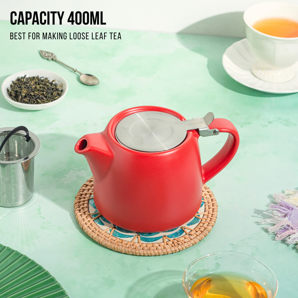 Artisan Ceramic Tea Pot with Infuser, Red - 400ml
