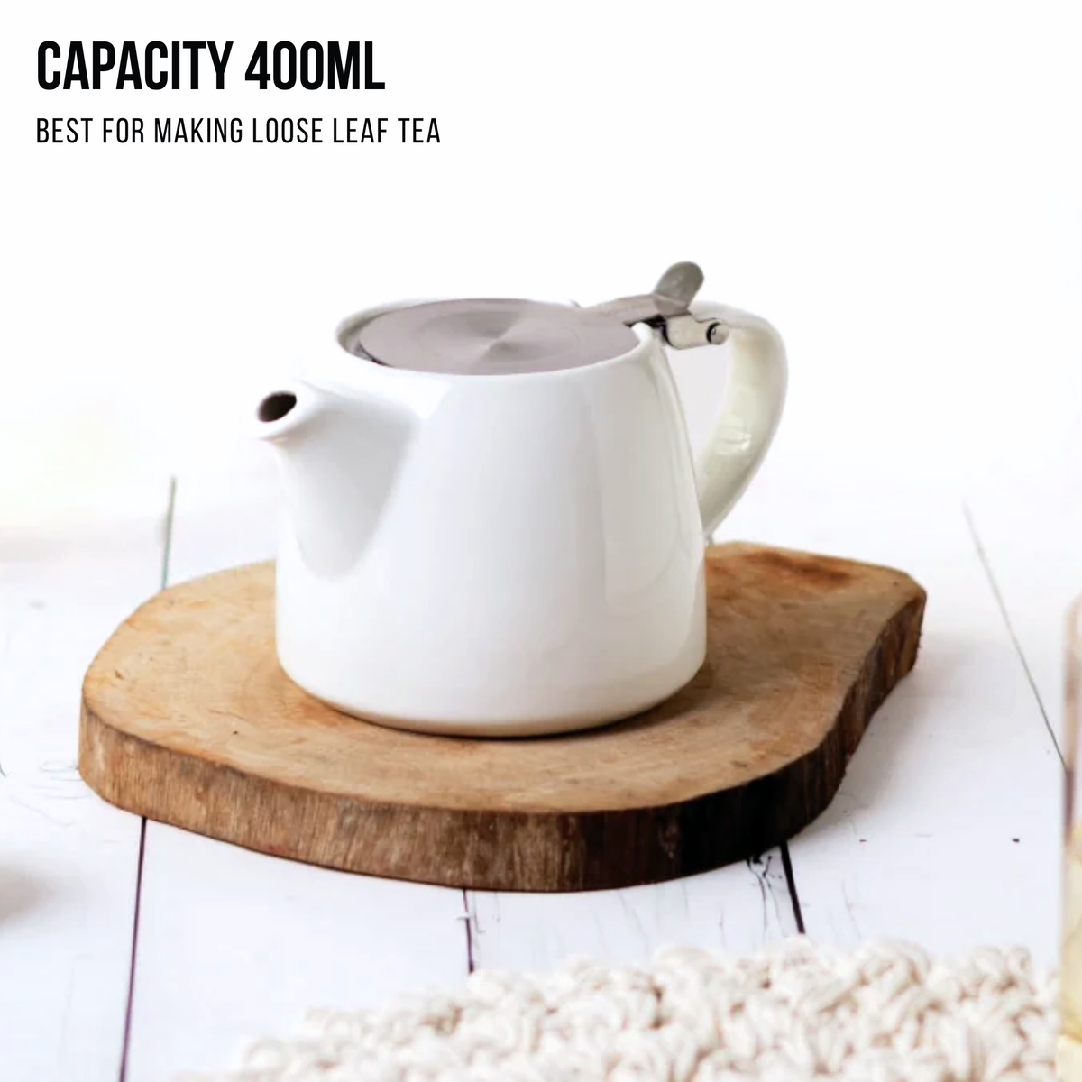 Artisan Ceramic Tea Pot with Infuser, White - 400ml