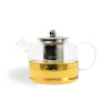 A clear glass teapot with a stainless steel lid and infuser, filled with amber tea, on a white background. The brand name 'Sipologie' is visible on the infuser.