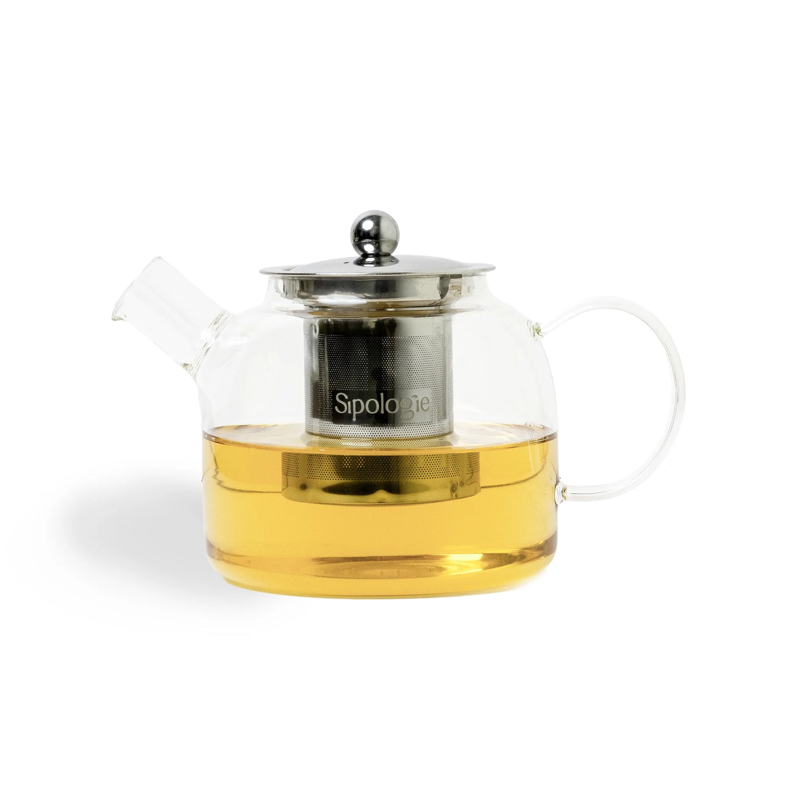 A clear glass teapot with a stainless steel lid and infuser, filled with amber tea, on a white background. The brand name 'Sipologie' is visible on the infuser.