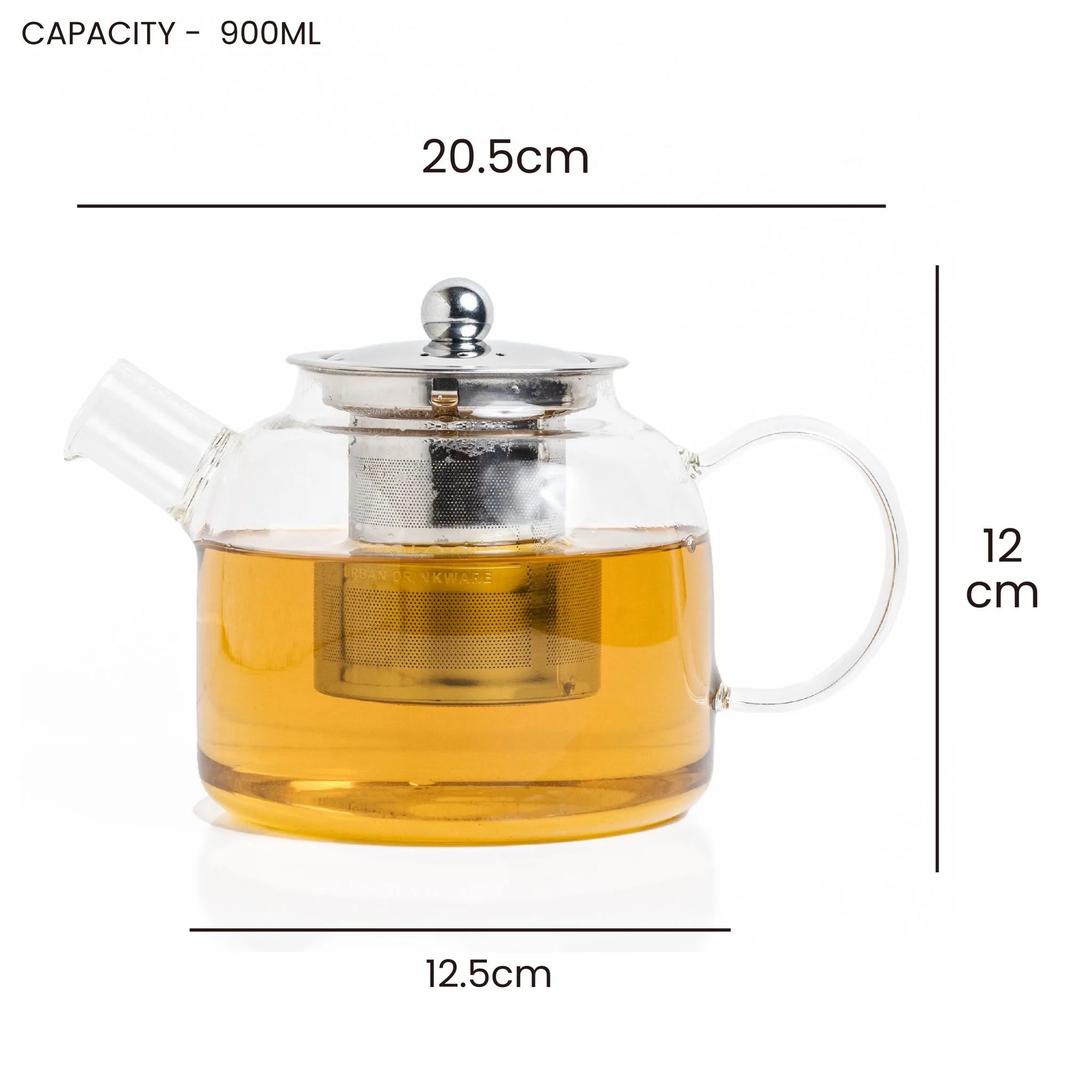 Clear glass teapot with stainless steel lid, mesh infuser, and angled spout, shown on a white background with dimension lines and text indicating 20.5 cm width, 12 cm height, 12.
