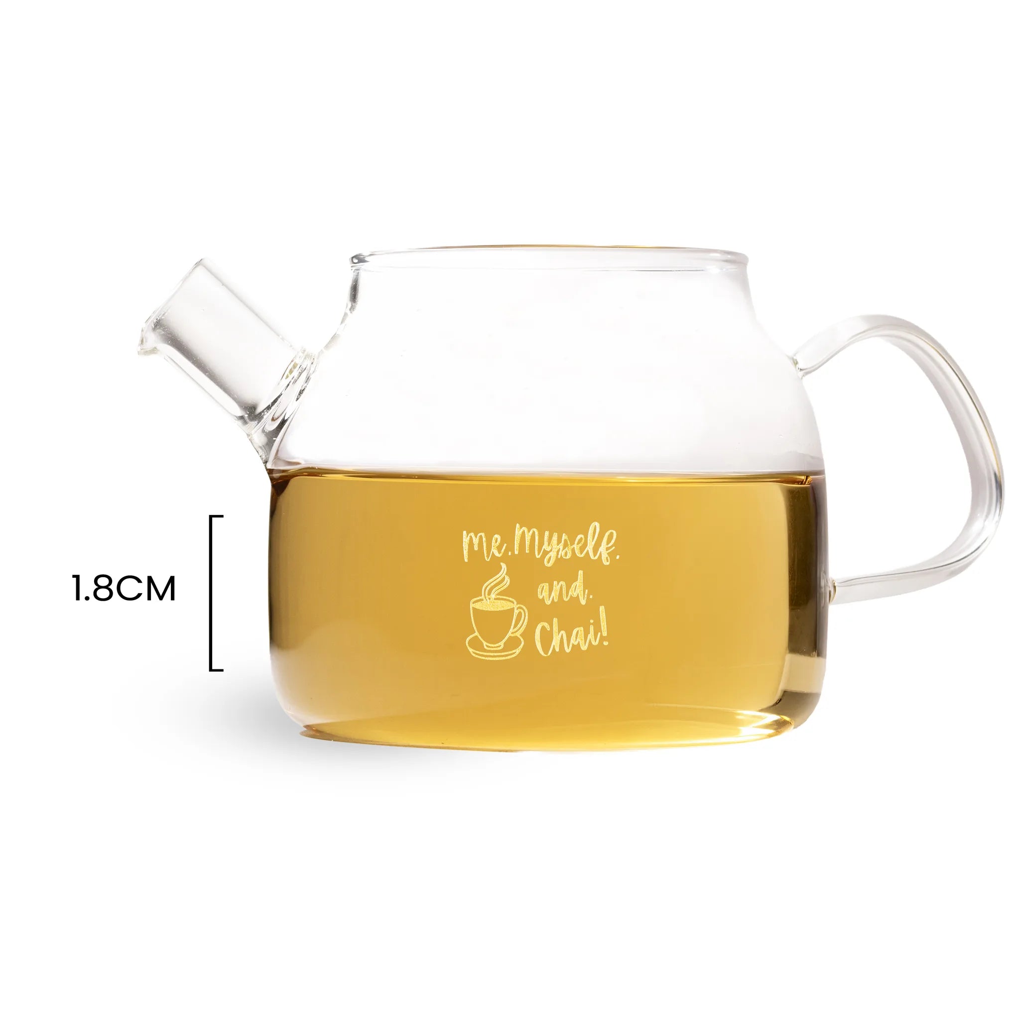 Glass teapot with tea and 'Me Myself and Chai!' text on a white background