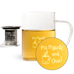 A clear glass mug filled with amber tea, shown with a Sipologie metal infuser filter on the left and a yellow circular graphic overlay on the right featuring the text 'me. Myself, and.