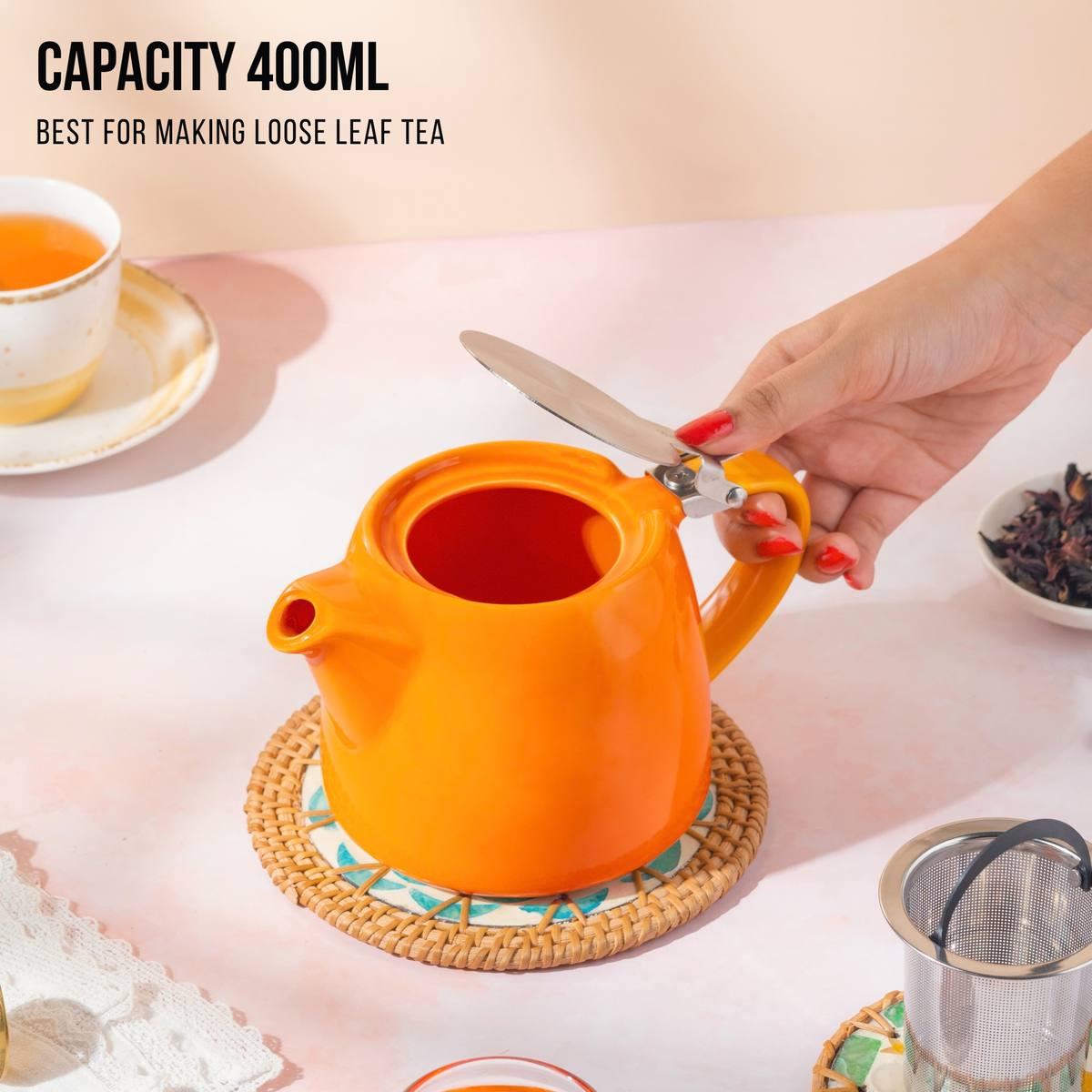 Artisan Ceramic Tea Pot with Infuser, Mandarin - 400 ml