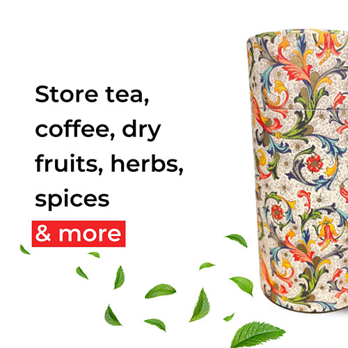 A cylindrical container with a colorful ornate floral pattern on a light beige background, shown next to promotional text reading 'Store tea, coffee, dry fruits, herbs, spices & more' on a white background with scattered green leaves.
