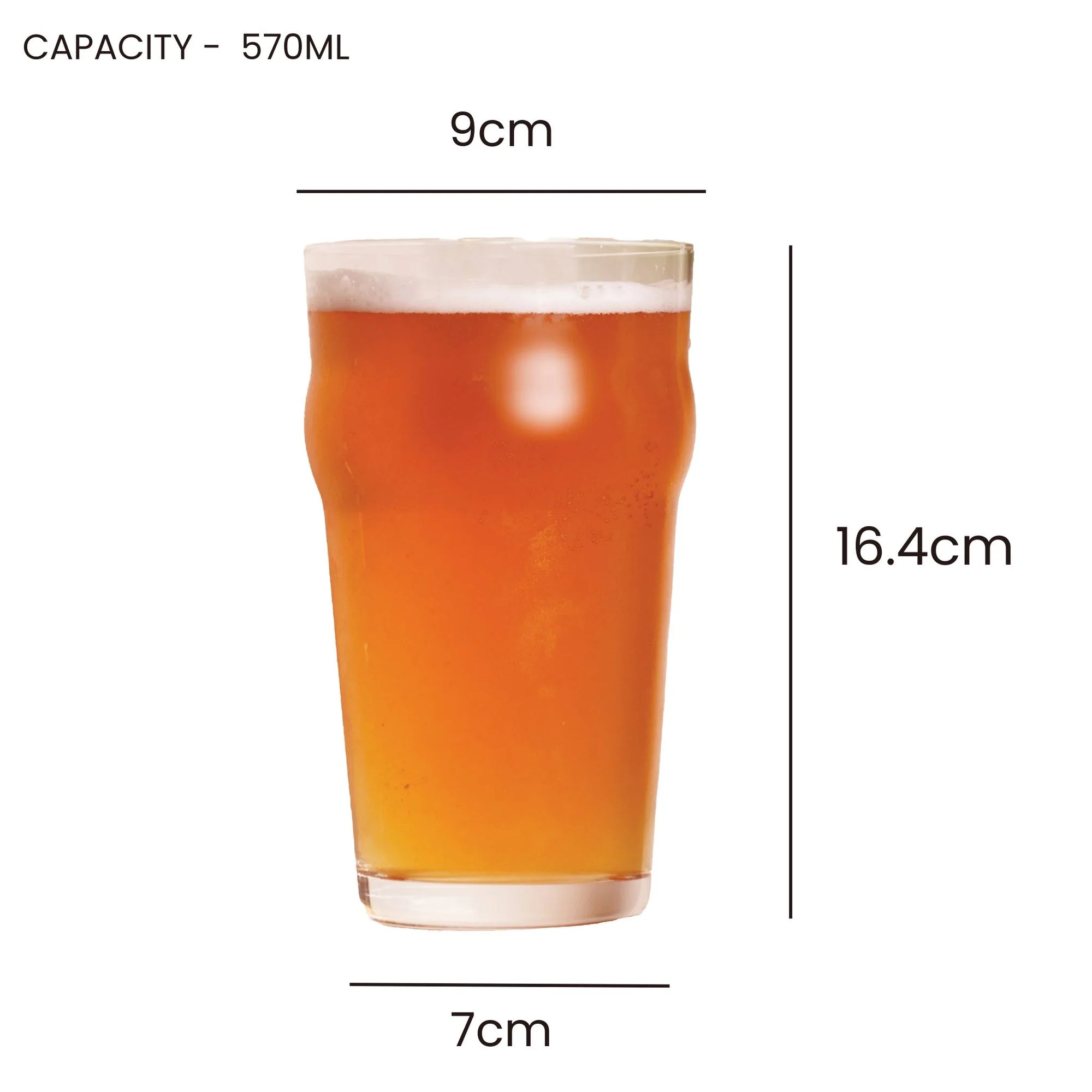 A pint glass filled with amber beer on a white background, with dimension lines and text showing 9 cm width at the top, 7 cm width at the bottom, and 16.4 cm height.