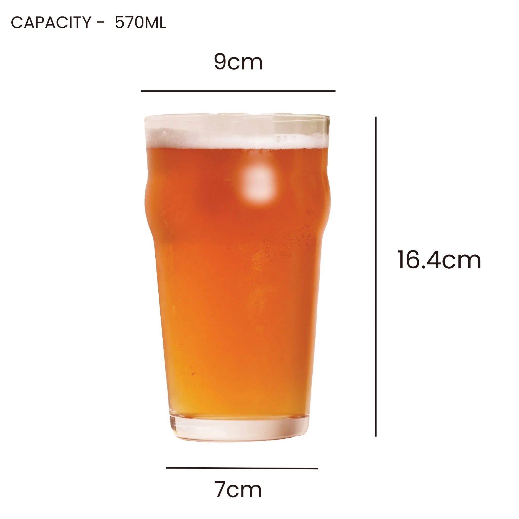 A pint glass filled with amber beer on a white background, with dimension lines and text showing 9 cm width at the top, 7 cm width at the bottom, and 16.4 cm height.