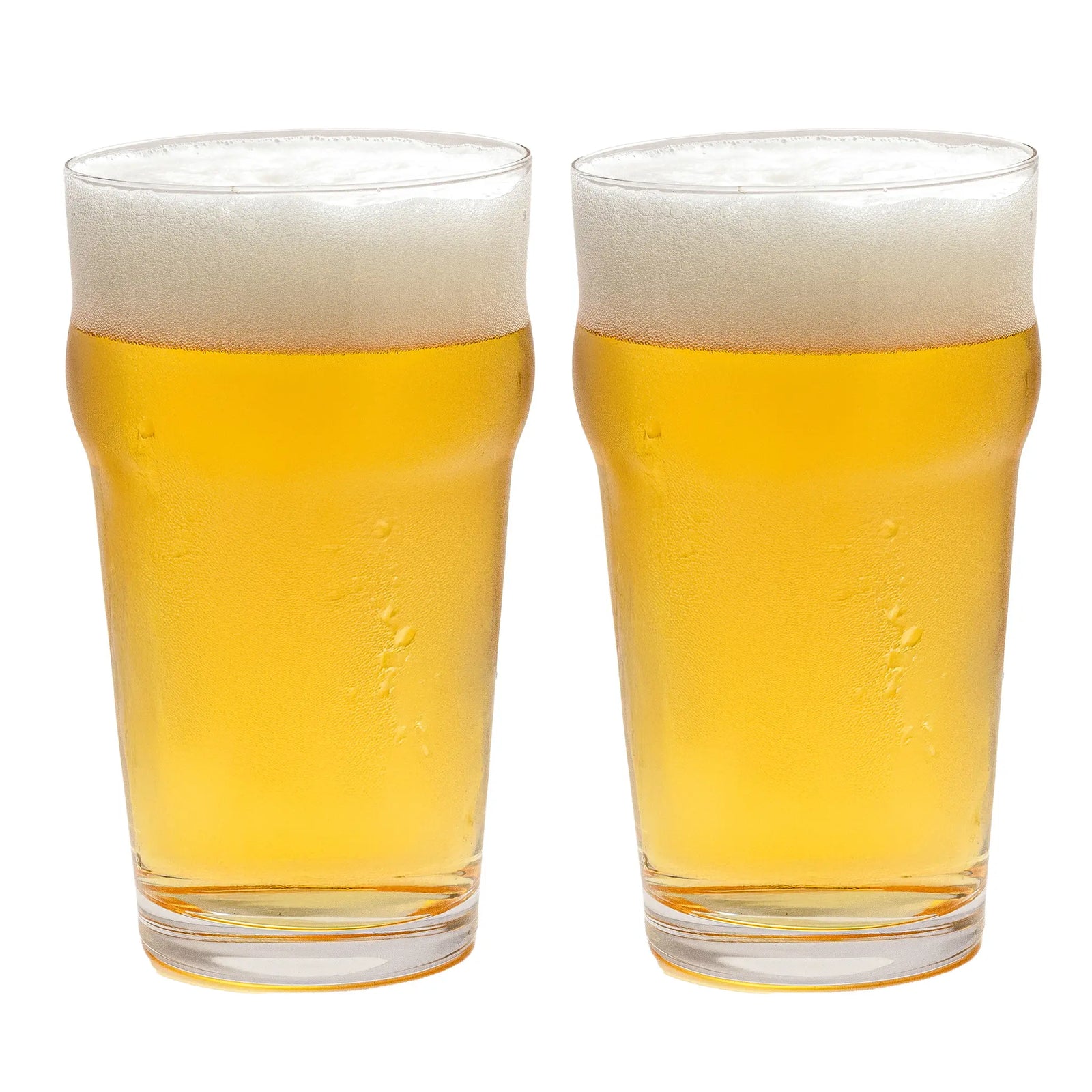 Two clear pint glasses filled with golden beer and topped with white foam, shown side by side on a plain white background.