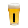 A clear pint glass filled with golden beer and topped with white foam, featuring a vertical black label that reads 'YOUR NAME' in white text, isolated on a white background.