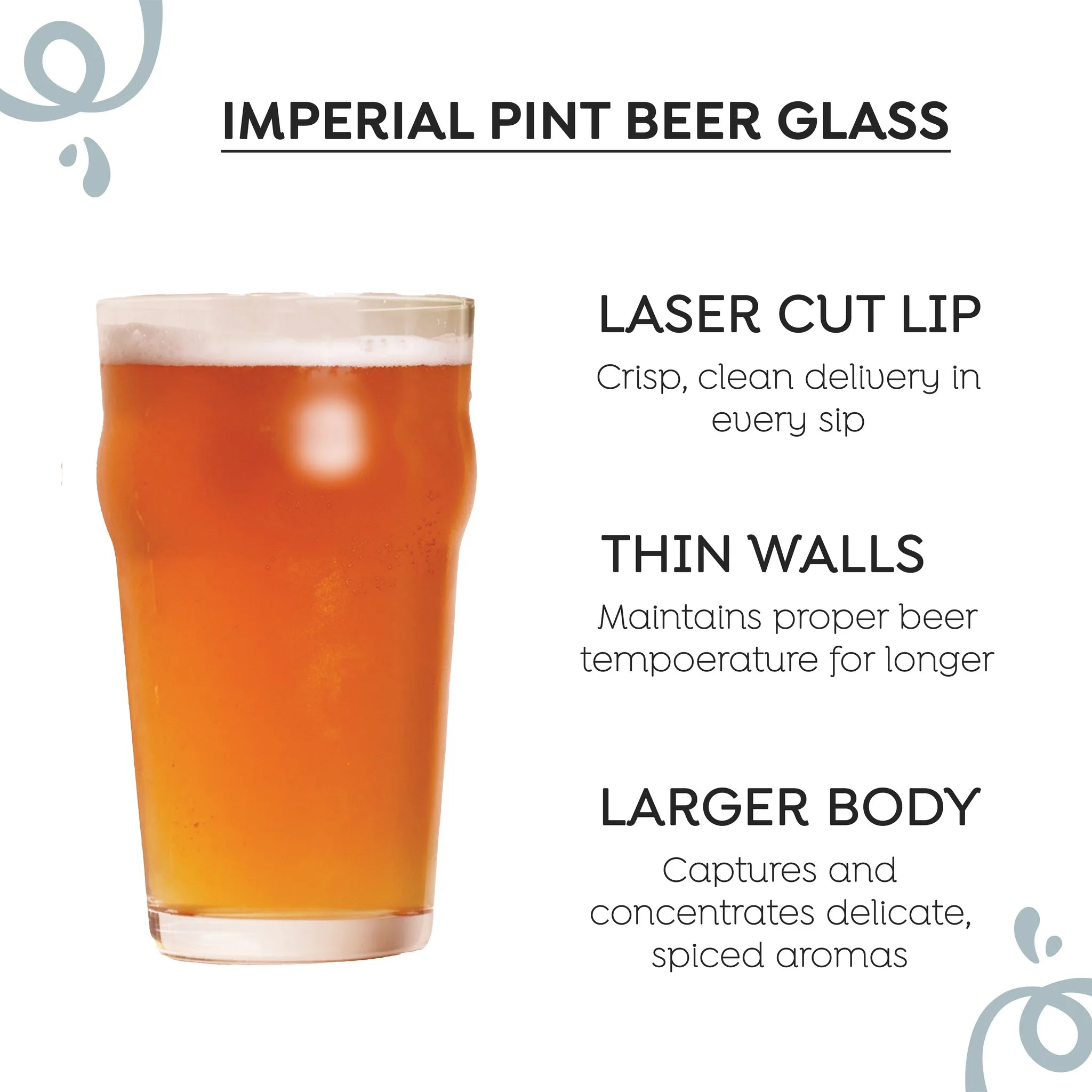 An informational product graphic showing an amber pint glass filled with beer on a white background, with text describing features: laser cut lip, thin walls, and larger body.