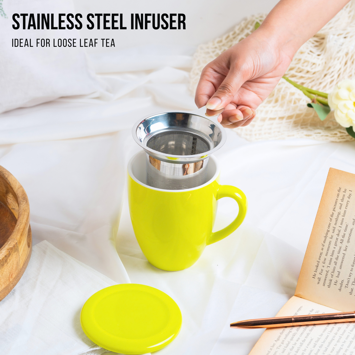 Artisan Ceramic Tea Mug with Infuser, Green - 300ml