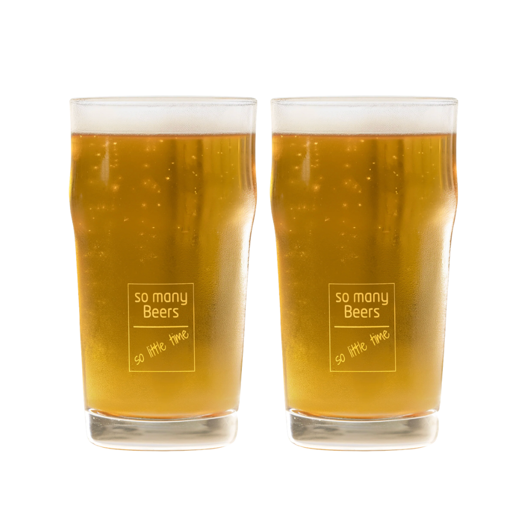 Two glasses of beer with 'so many beers so little time' text on a white background