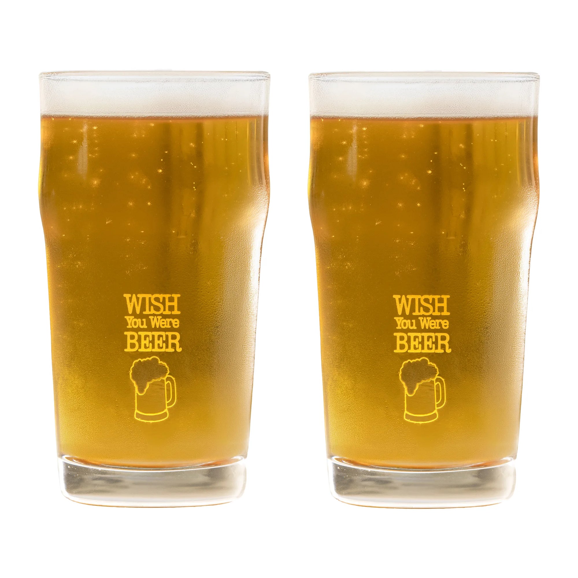Two clear pint glasses filled with golden beer, each printed with the phrase 'WISH You Were BEER.' and a beer mug icon in yellow on the front, shown against a white background.