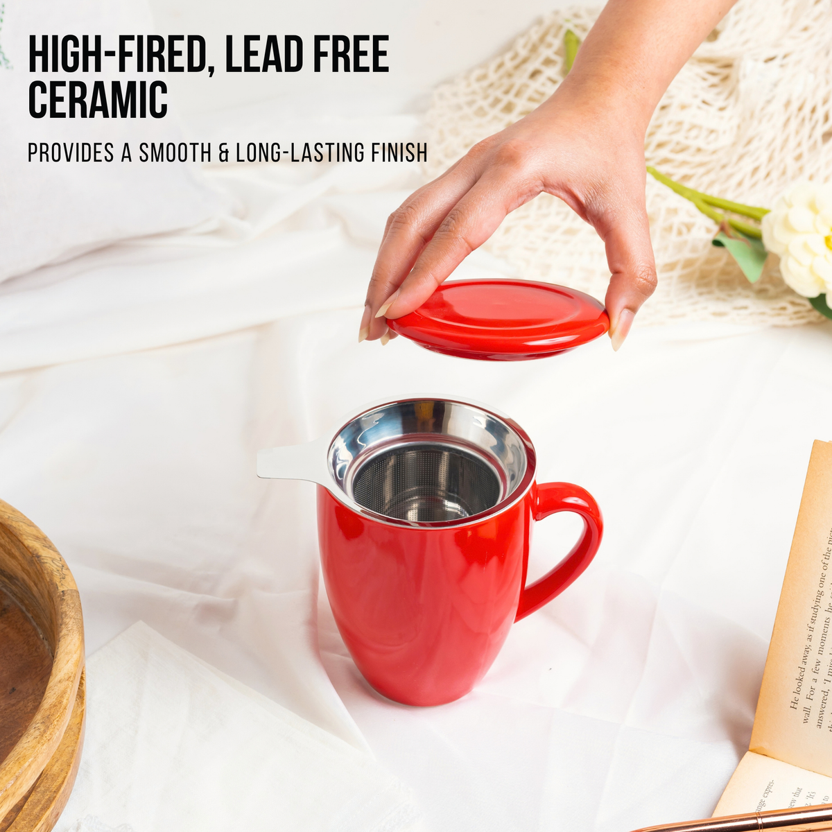Artisan Ceramic Tea Mug with Infuser, Red - 300ml