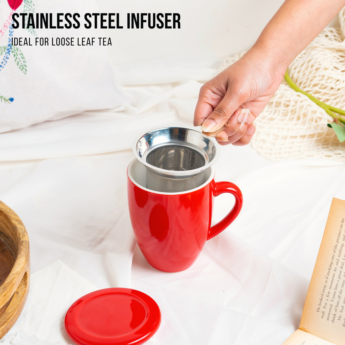 Artisan Ceramic Tea Mug with Infuser, Red - 300ml