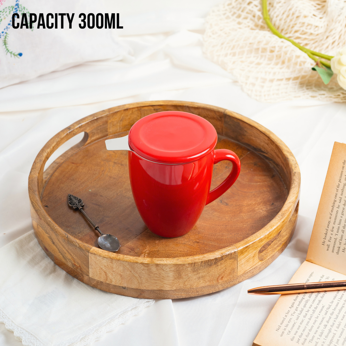 Artisan Ceramic Tea Mug with Infuser, Red - 300ml