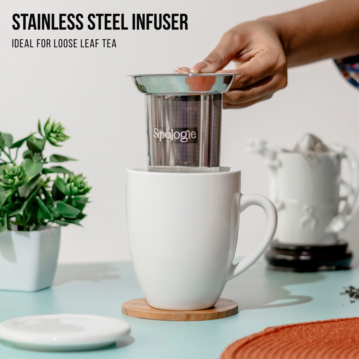 Artisan Ceramic Tea Mug with Infuser, White - 300ml