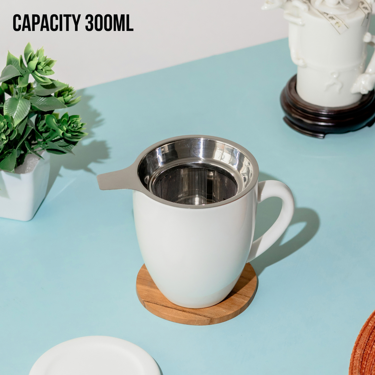 Artisan Ceramic Tea Mug with Infuser, White - 300ml
