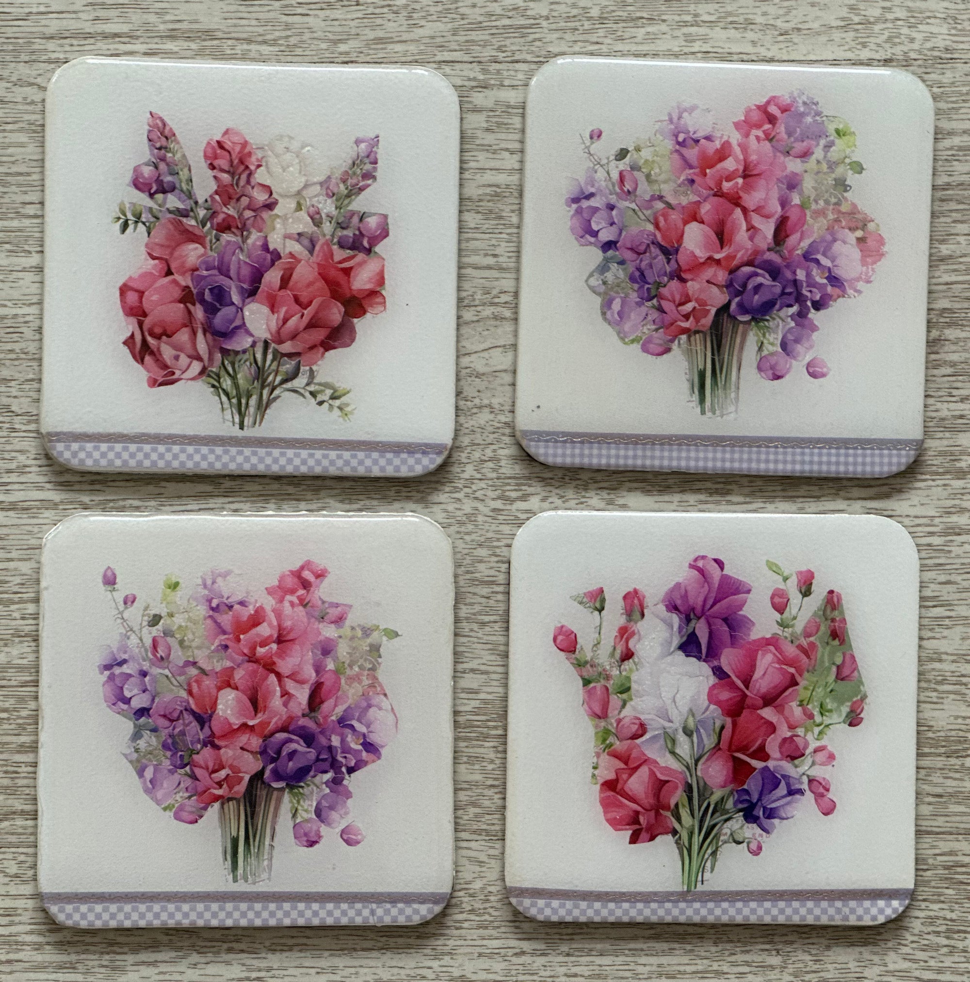 B&B Square Coasters with Pink/Purple Bunch Flowers, Set of 4