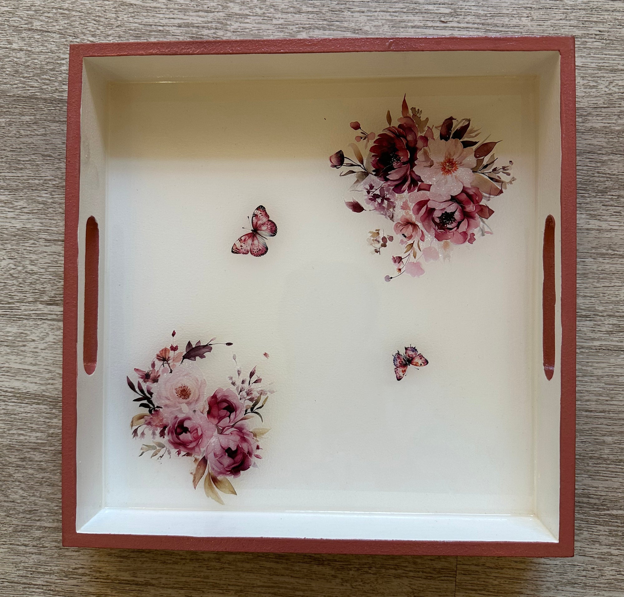 B&B Rectangular Tray with Magenta Flowers ( 10" X 10" )