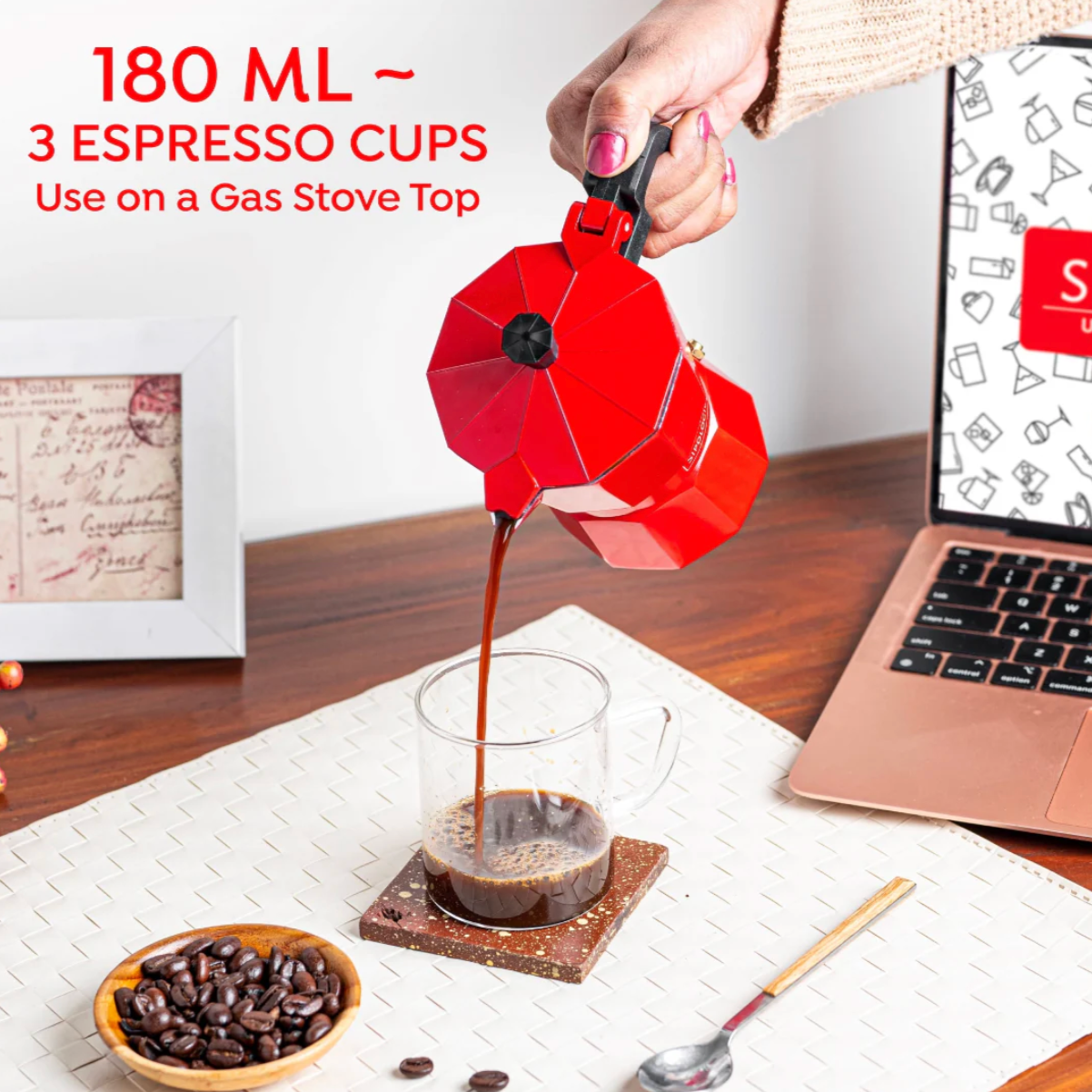 Roma Moka Pot Espresso Maker, Red (180 ml) - Coffee Fixes Everything