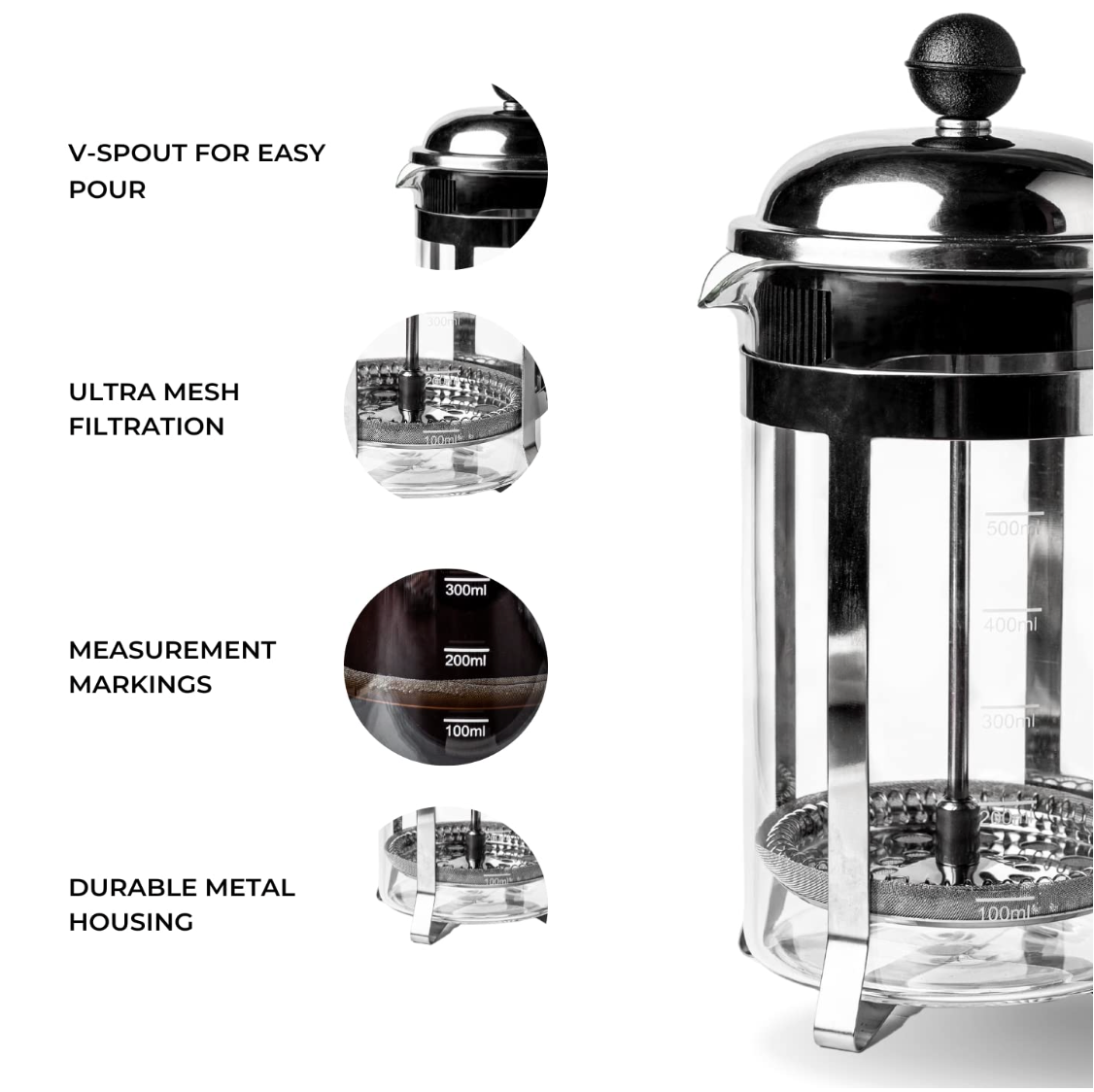 Vintage French Press Coffee Maker, Silver, 600 ml - Mood by Coffee