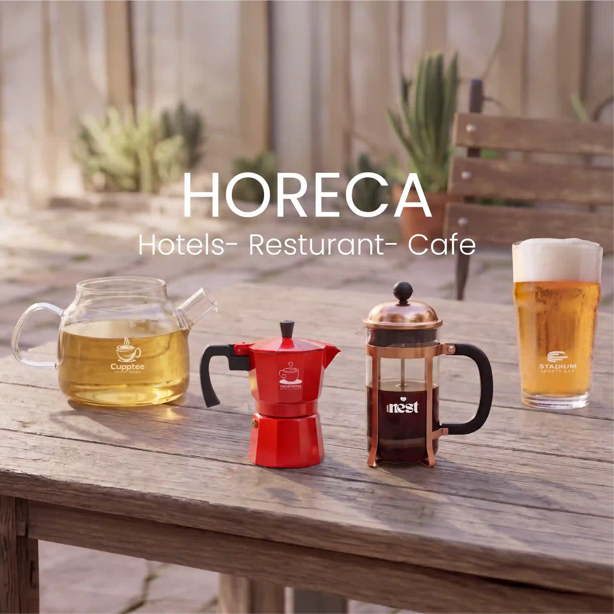 A set of HORECA Hotels-Resturant-Cafe glass brewing and serving vessels displayed on a rustic wooden table, including a clear glass teapot with tea, a red moka pot, a copper-and-glass French press, and a glass of beer with foam. The HORECA brand name is prominently displayed in white text.